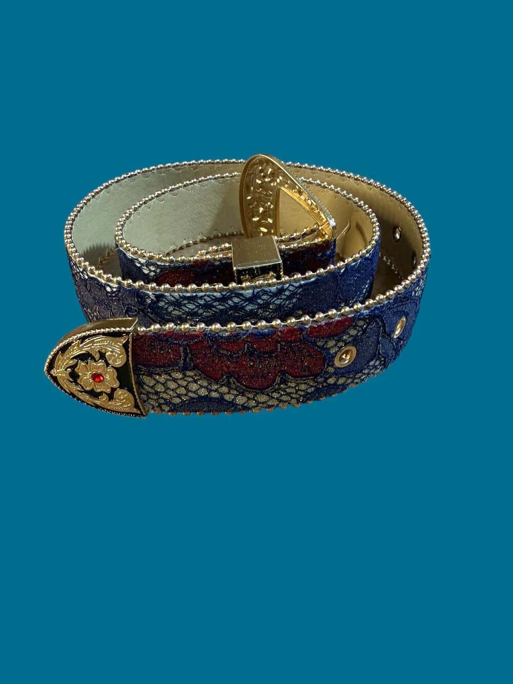 Western Style Floral Lace Beaded Edge Belt with Rhinestone Buckle 30”